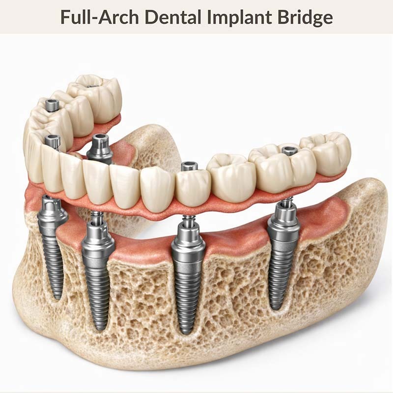 Model of a full-arch dental implant bridge anchored on dental implants in the jaw